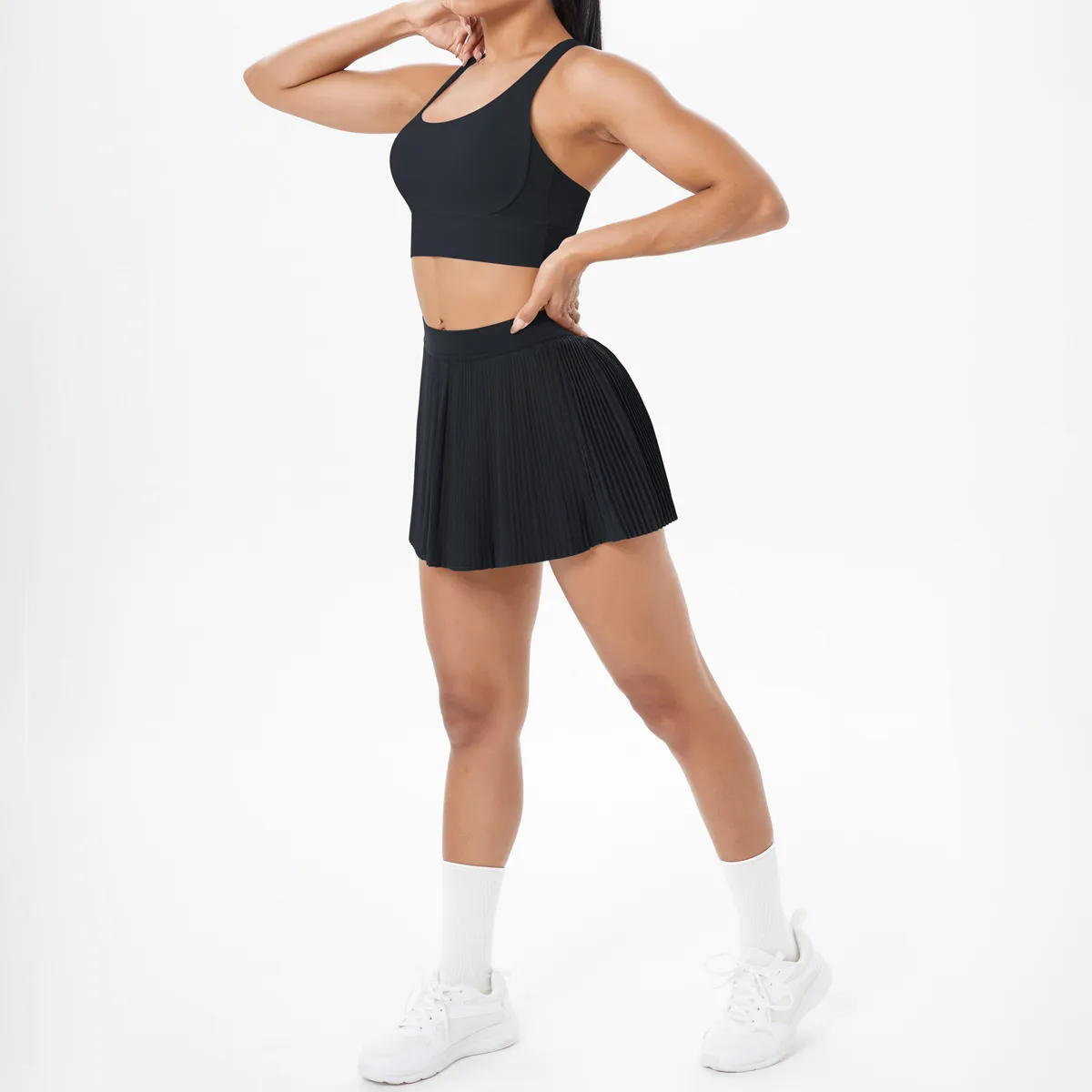 Cross Back Mini Skirt Set Running Fitness Training Yoga Clothes Pure Color Brushed Tight Two Piece Set For Sports And Fitness display picture 94