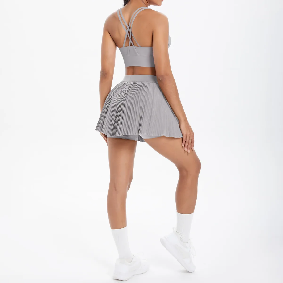 Cross Back Mini Skirt Set Running Fitness Training Yoga Clothes Pure Color Brushed Tight Two Piece Set For Sports And Fitness display picture 111