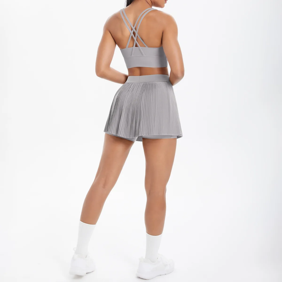 Cross Back Mini Skirt Set Running Fitness Training Yoga Clothes Pure Color Brushed Tight Two Piece Set For Sports And Fitness display picture 112