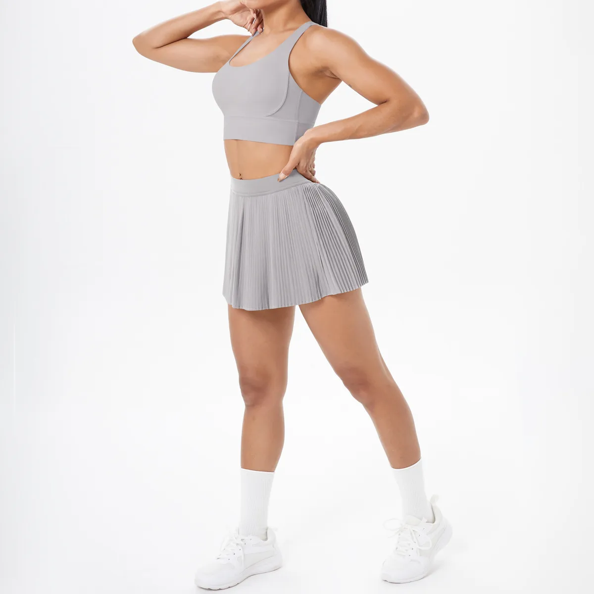 Cross Back Mini Skirt Set Running Fitness Training Yoga Clothes Pure Color Brushed Tight Two Piece Set For Sports And Fitness display picture 115