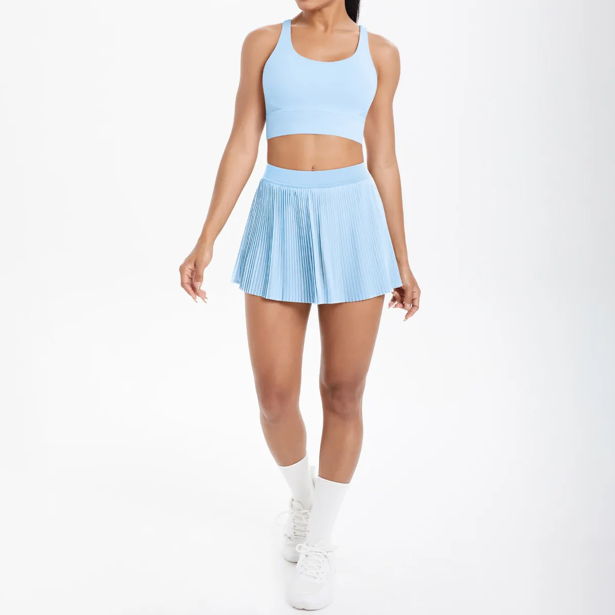 Cross Back Mini Skirt Set Running Fitness Training Yoga Clothes Pure Color Brushed Tight Two Piece Set For Sports And Fitness display picture 121