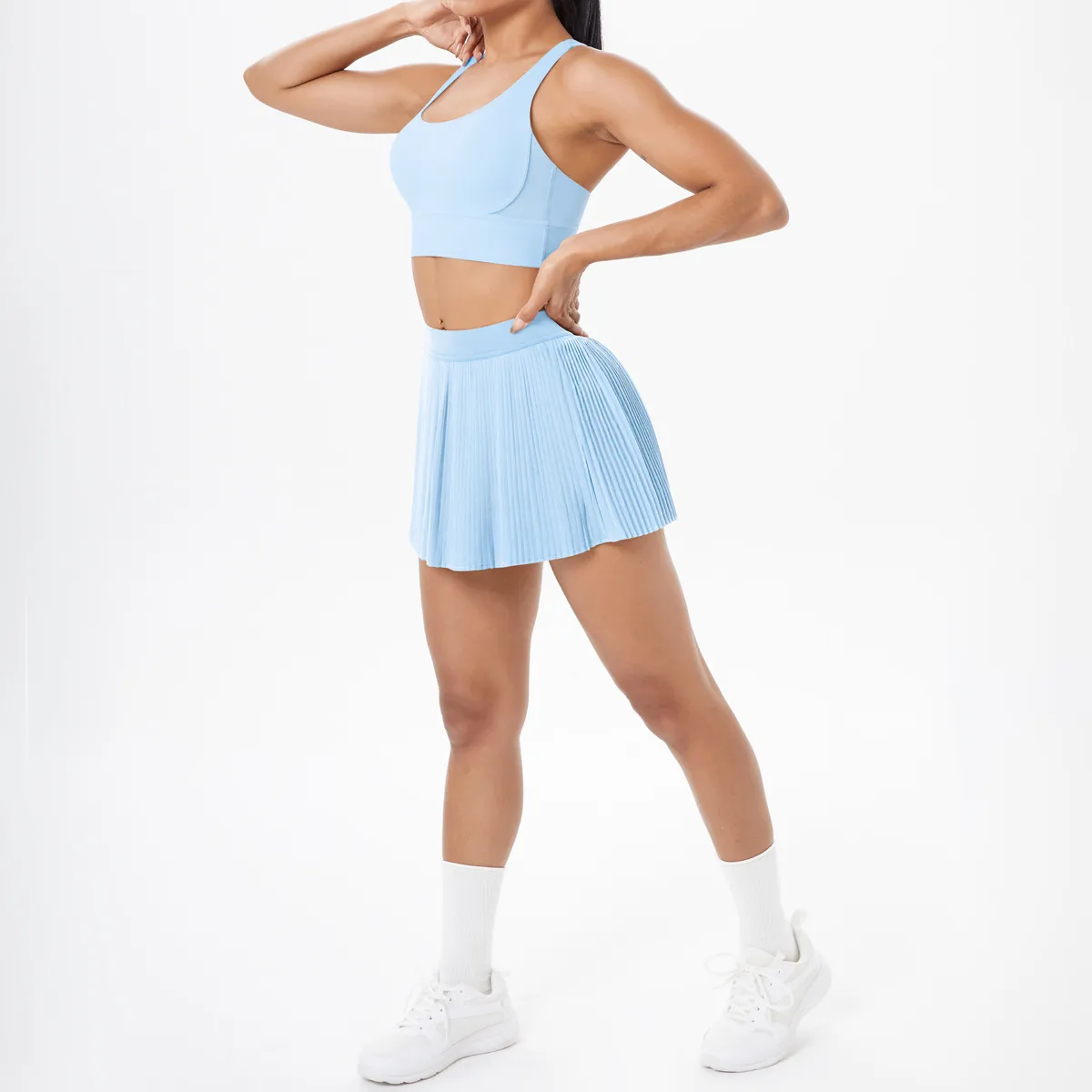 Cross Back Mini Skirt Set Running Fitness Training Yoga Clothes Pure Color Brushed Tight Two Piece Set For Sports And Fitness display picture 123