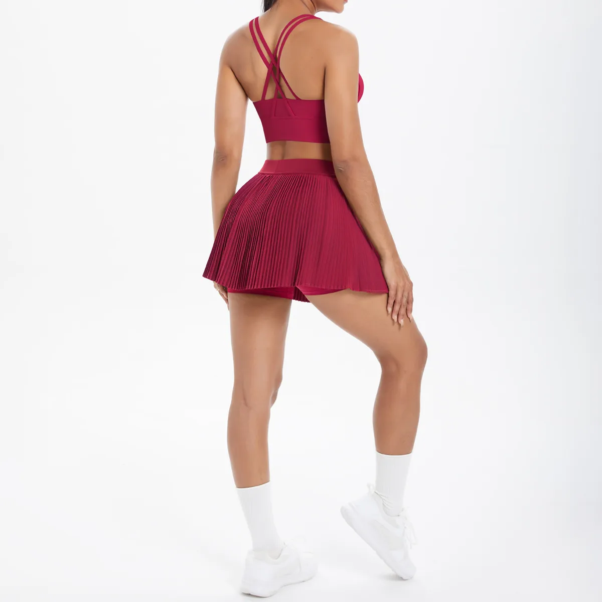 Cross Back Mini Skirt Set Running Fitness Training Yoga Clothes Pure Color Brushed Tight Two Piece Set For Sports And Fitness display picture 126