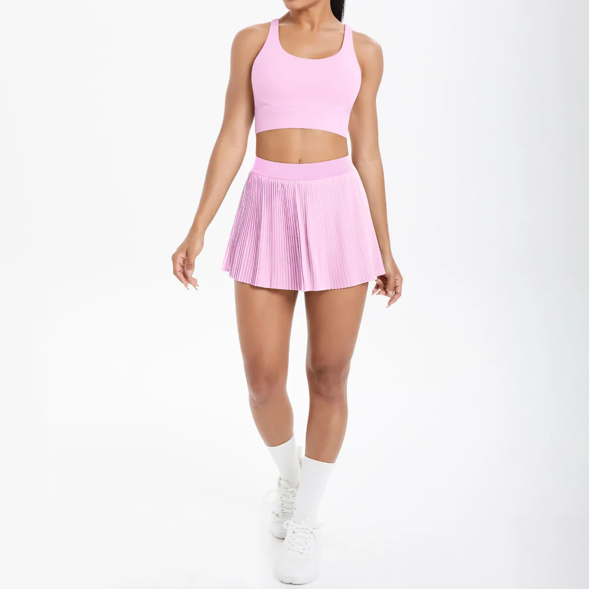 Cross Back Mini Skirt Set Running Fitness Training Yoga Clothes Pure Color Brushed Tight Two Piece Set For Sports And Fitness display picture 137