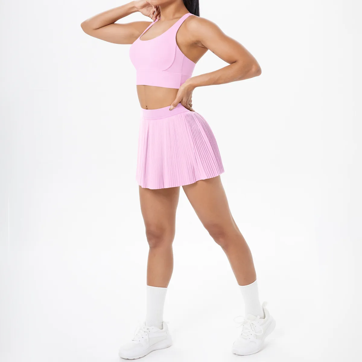 Cross Back Mini Skirt Set Running Fitness Training Yoga Clothes Pure Color Brushed Tight Two Piece Set For Sports And Fitness display picture 139