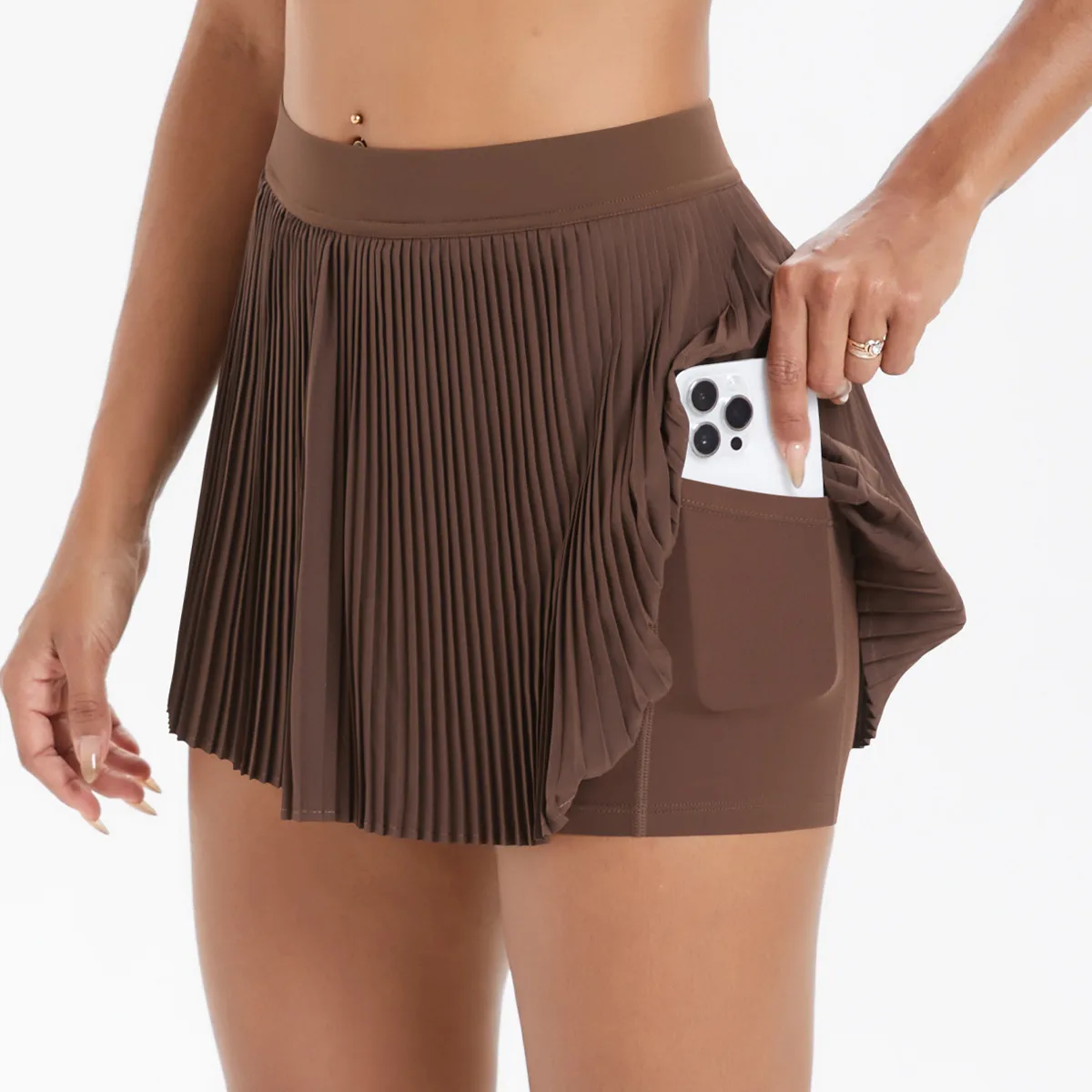 Sporty Women's Yoga Shorts Skirt High Waist Pleated Pocketed Two-Piece Set Running Fitness Versatile Nylon Spandex Outfit display picture 3