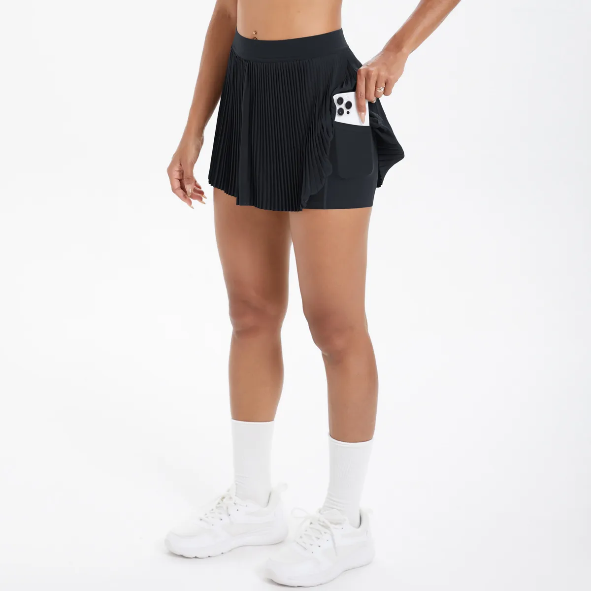 Sporty Women's Yoga Shorts Skirt High Waist Pleated Pocketed Two-Piece Set Running Fitness Versatile Nylon Spandex Outfit display picture 27