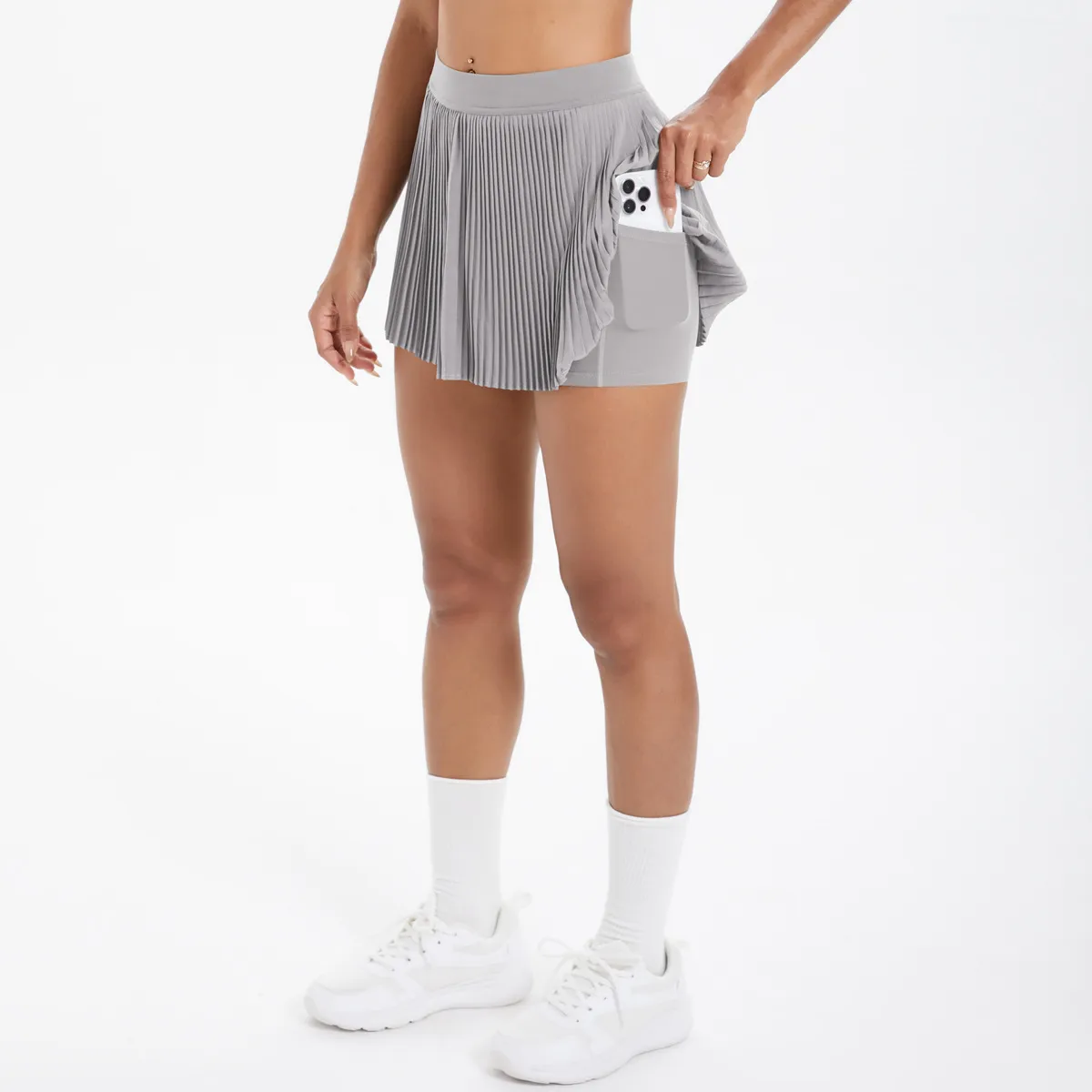Sporty Women's Yoga Shorts Skirt High Waist Pleated Pocketed Two-Piece Set Running Fitness Versatile Nylon Spandex Outfit display picture 103