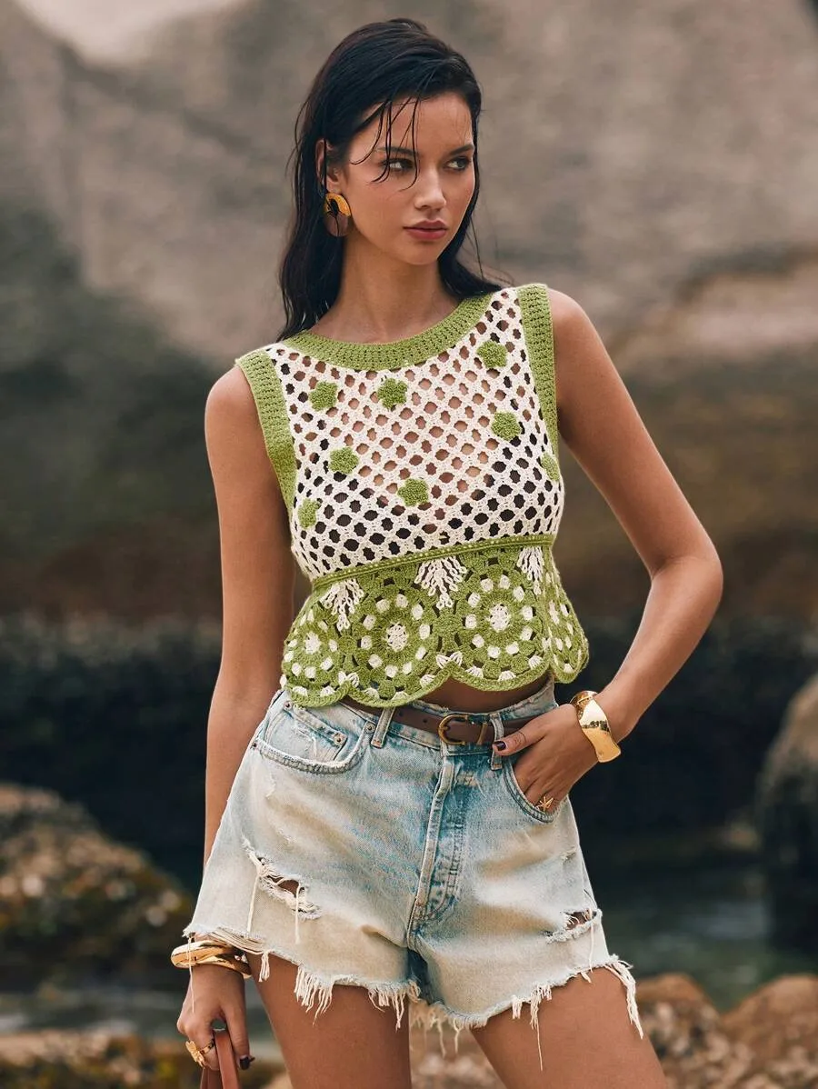 Embroidered Hollow Out Short Vest Top Women's Casual Style Spring Summer Autumn Polyester Fabric Backless Round Neck Geometric Floral display picture 2