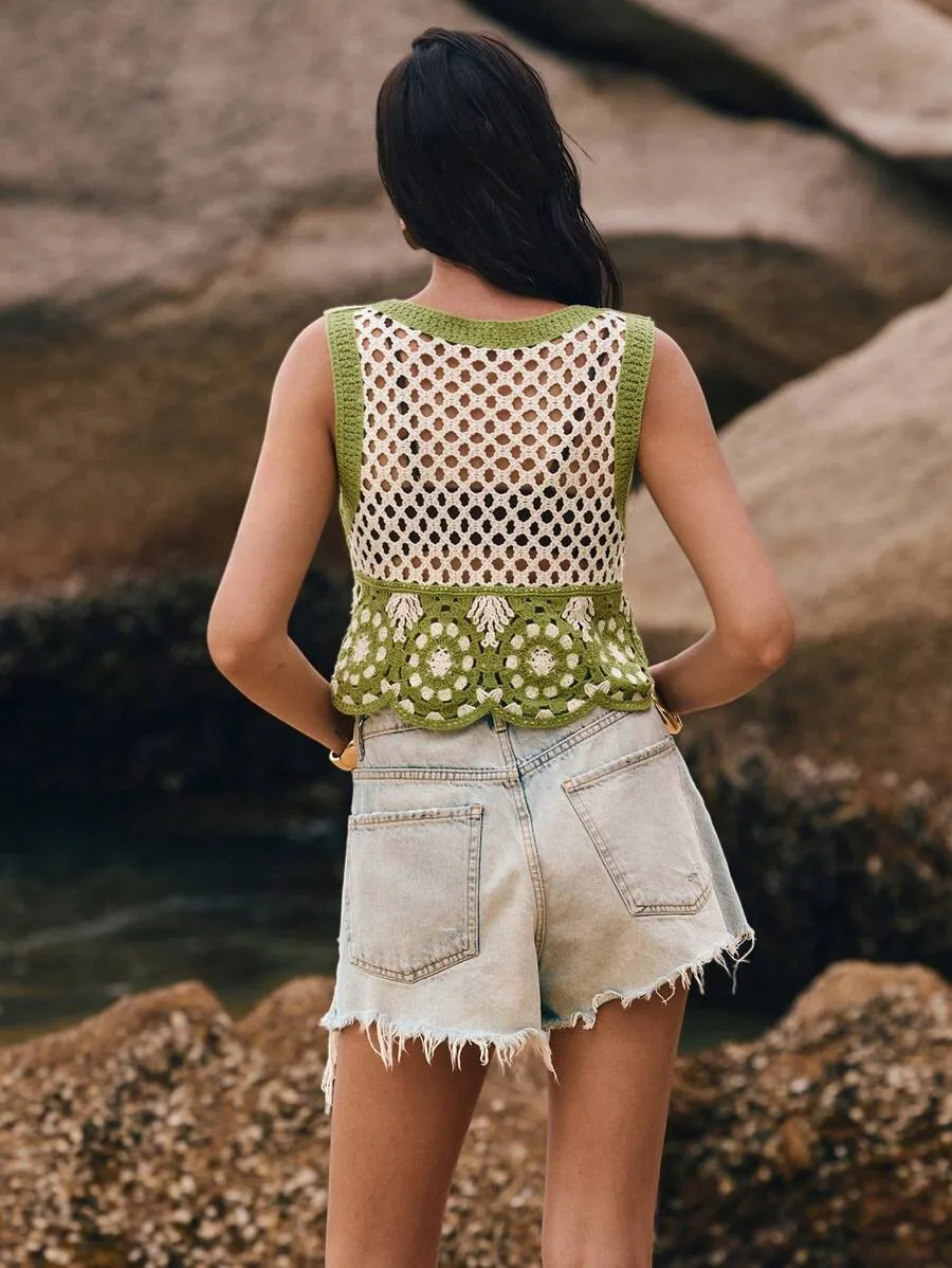 Embroidered Hollow Out Short Vest Top Women's Casual Style Spring Summer Autumn Polyester Fabric Backless Round Neck Geometric Floral display picture 4