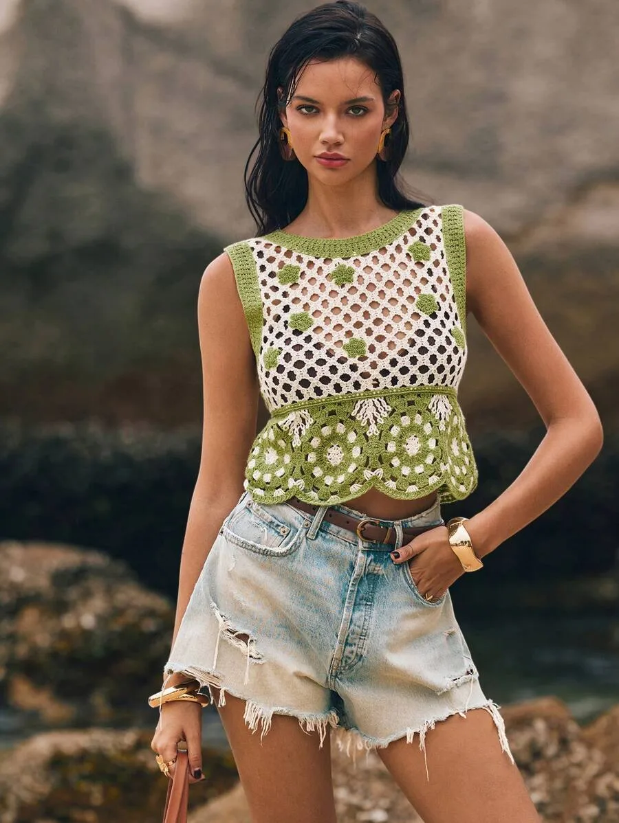 Embroidered Hollow Out Short Vest Top Women's Casual Style Spring Summer Autumn Polyester Fabric Backless Round Neck Geometric Floral display picture 1