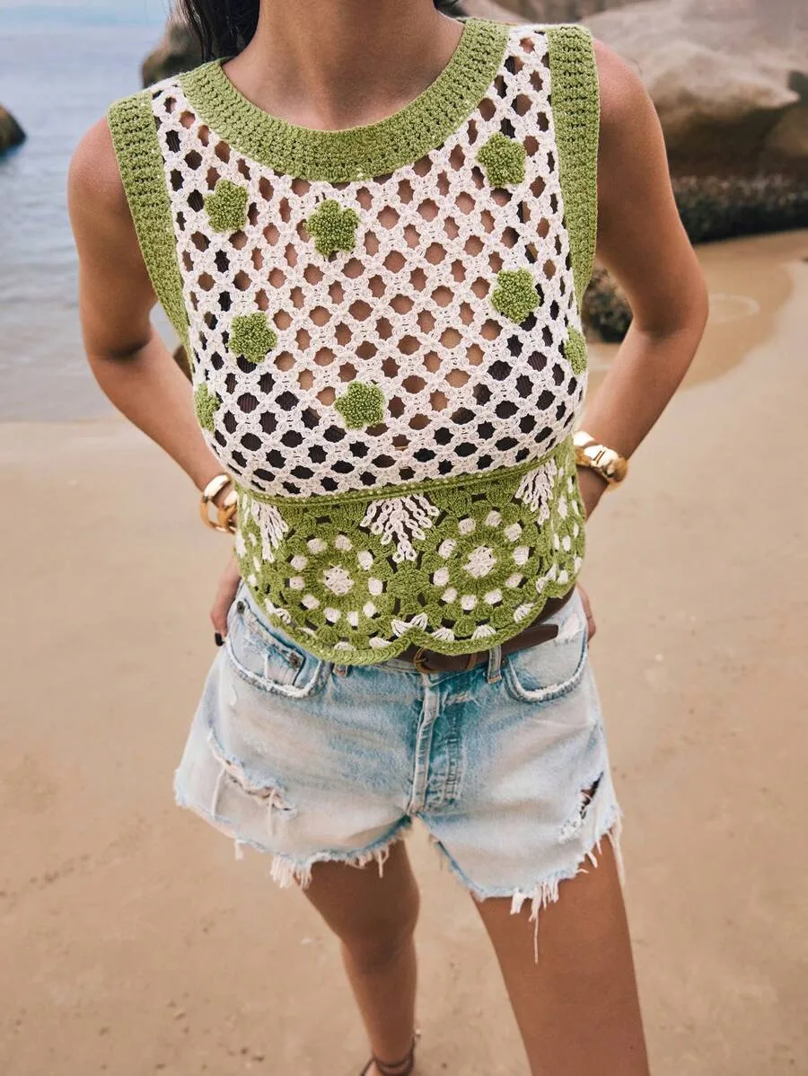 Embroidered Hollow Out Short Vest Top Women's Casual Style Spring Summer Autumn Polyester Fabric Backless Round Neck Geometric Floral display picture 5