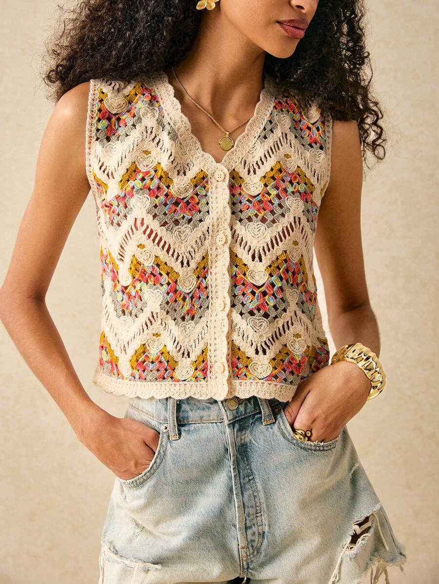 Casual Style Hollow Out Vest Women's Short Length V-Neck Polyester Fabric Summer Spring Autumn Ladies Tank Top Tight Fit display picture 1