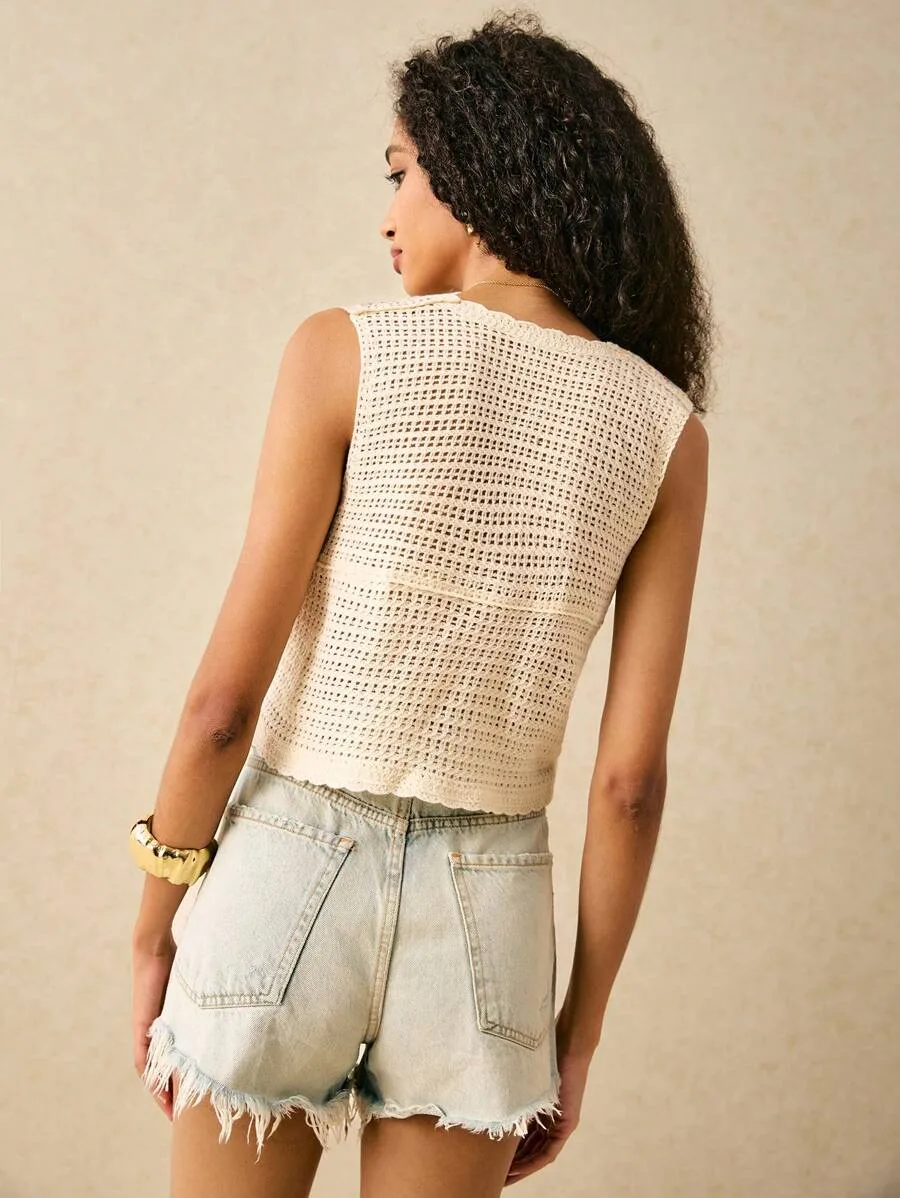 Casual Style Hollow Out Vest Women's Short Length V-Neck Polyester Fabric Summer Spring Autumn Ladies Tank Top Tight Fit display picture 3
