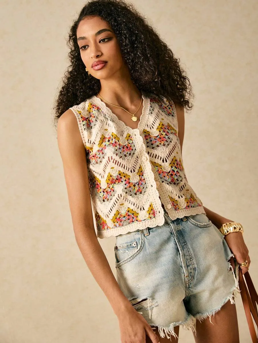 Casual Style Hollow Out Vest Women's Short Length V-Neck Polyester Fabric Summer Spring Autumn Ladies Tank Top Tight Fit display picture 4