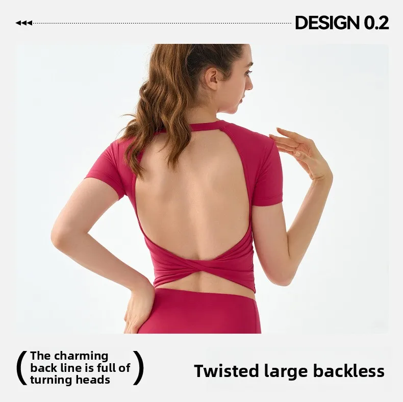 Sexy Back Yoga Fitness Top Women's Short Sleeve T-Shirt Slimming Waist Exposed Sportswear Casual Wear Nylon Spandex Blend display picture 3