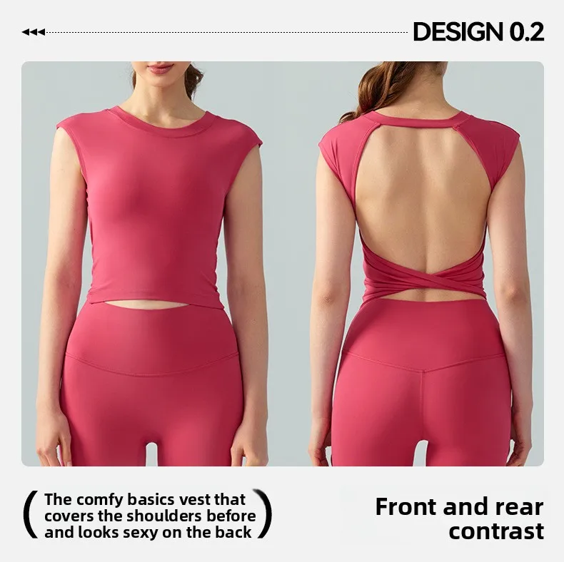 Spring Summer Yoga Short Sleeve Women's Fixed Chest Pad Sexy Backless Short Sport T-Shirt Waist Shaping Slimming Fitness Vest display picture 3