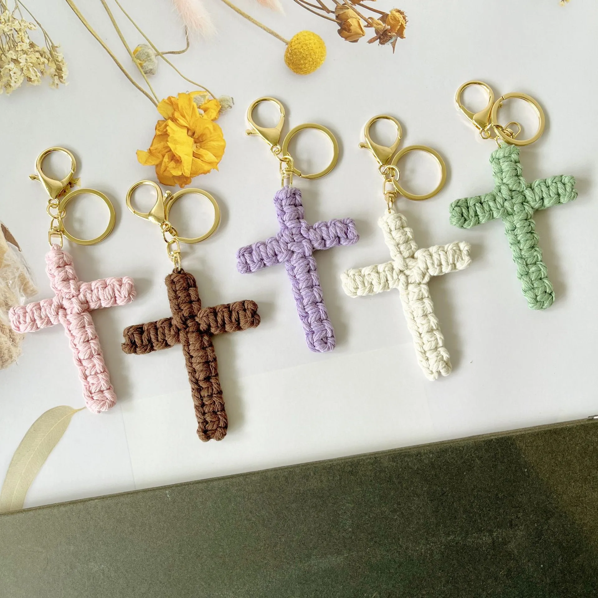 Handcrafted Cross Decoration Festive Cotton Rope Keychain Bag Accessory Woven Art Car Key Holder Backpack Charm Pendant display picture 4
