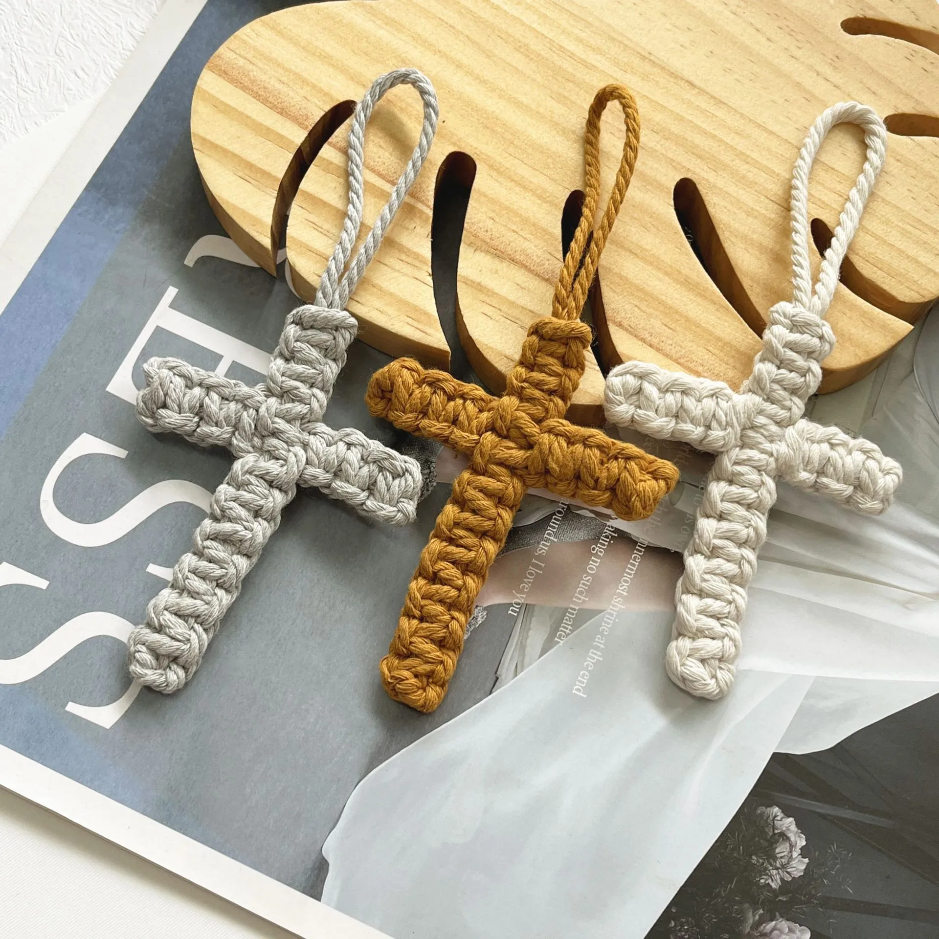 Handcrafted Cross Decoration Festive Cotton Rope Keychain Bag Accessory Woven Art Car Key Holder Backpack Charm Pendant display picture 9