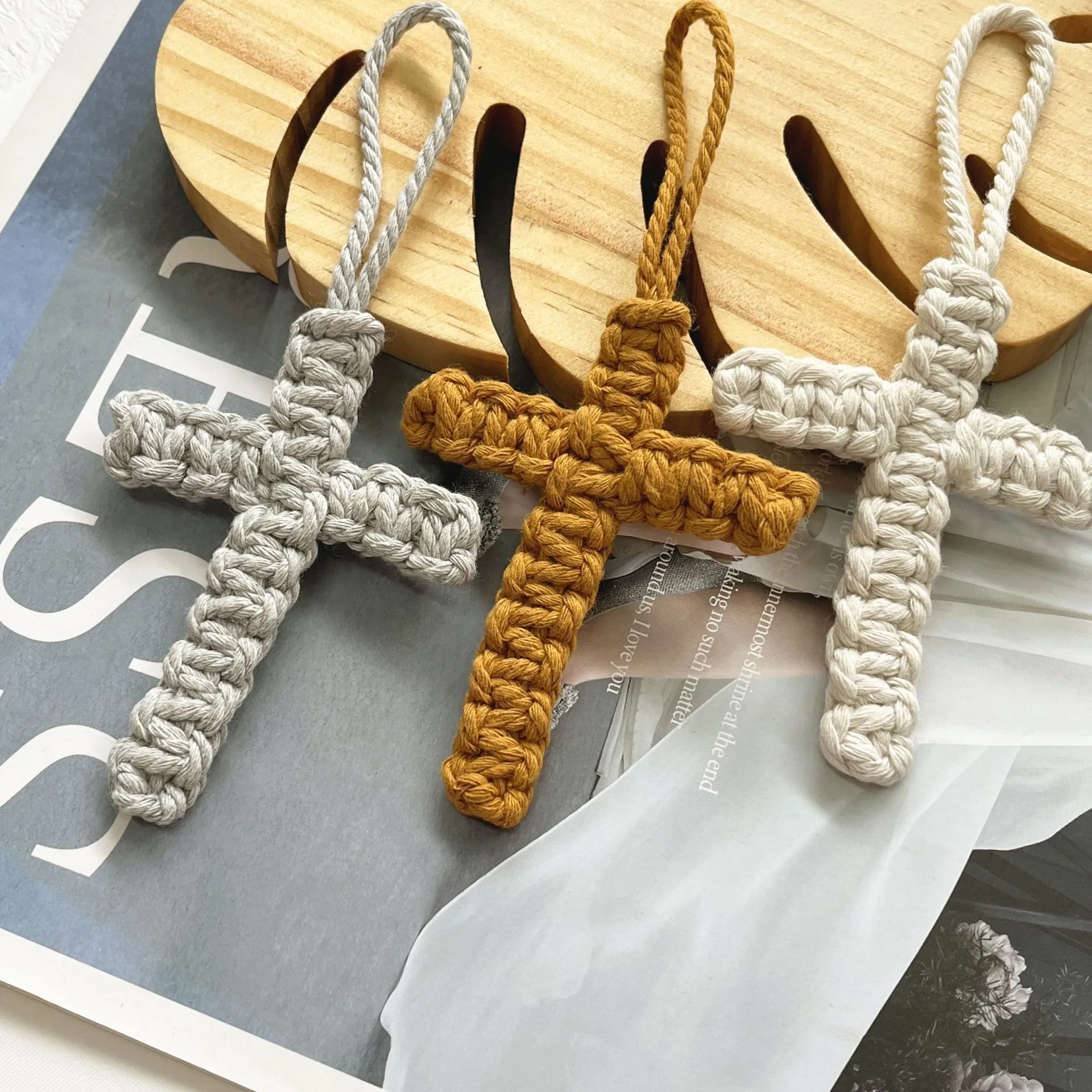 Handcrafted Cross Decoration Festive Cotton Rope Keychain Bag Accessory Woven Art Car Key Holder Backpack Charm Pendant display picture 11