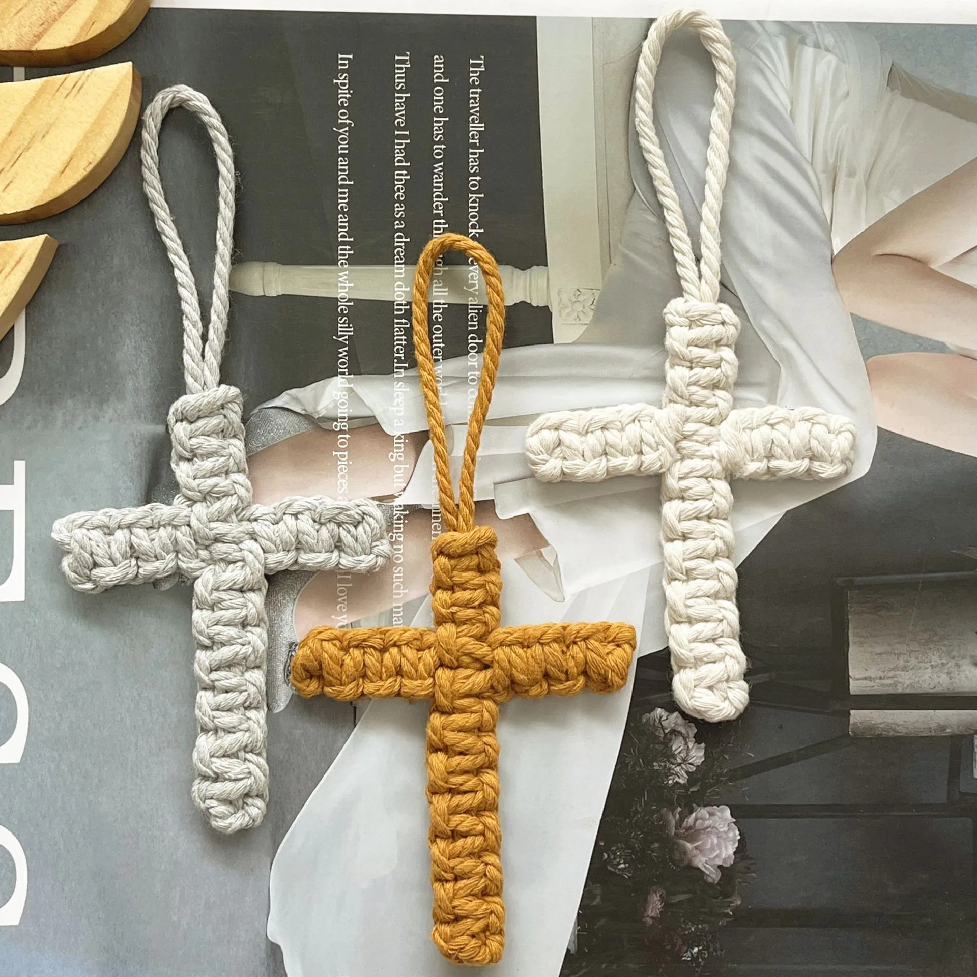 Handcrafted Cross Decoration Festive Cotton Rope Keychain Bag Accessory Woven Art Car Key Holder Backpack Charm Pendant display picture 13