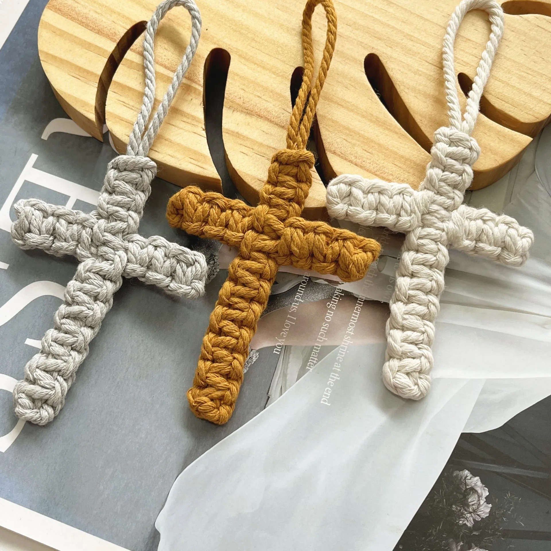 Handcrafted Cross Decoration Festive Cotton Rope Keychain Bag Accessory Woven Art Car Key Holder Backpack Charm Pendant display picture 14