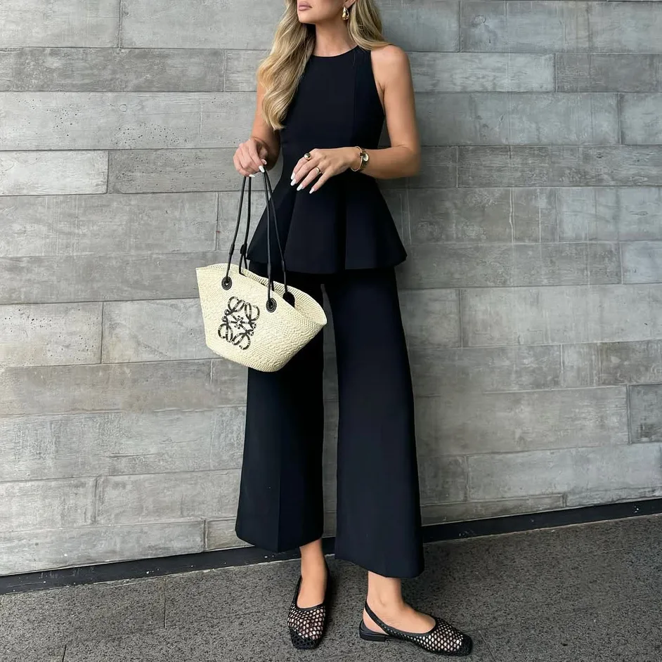 Pure Color Slim Fit Casual Set For Women Elegant Style Straight Leg Pants Waist-Cinching Top Summer New Arrival Fashion Set display picture 2