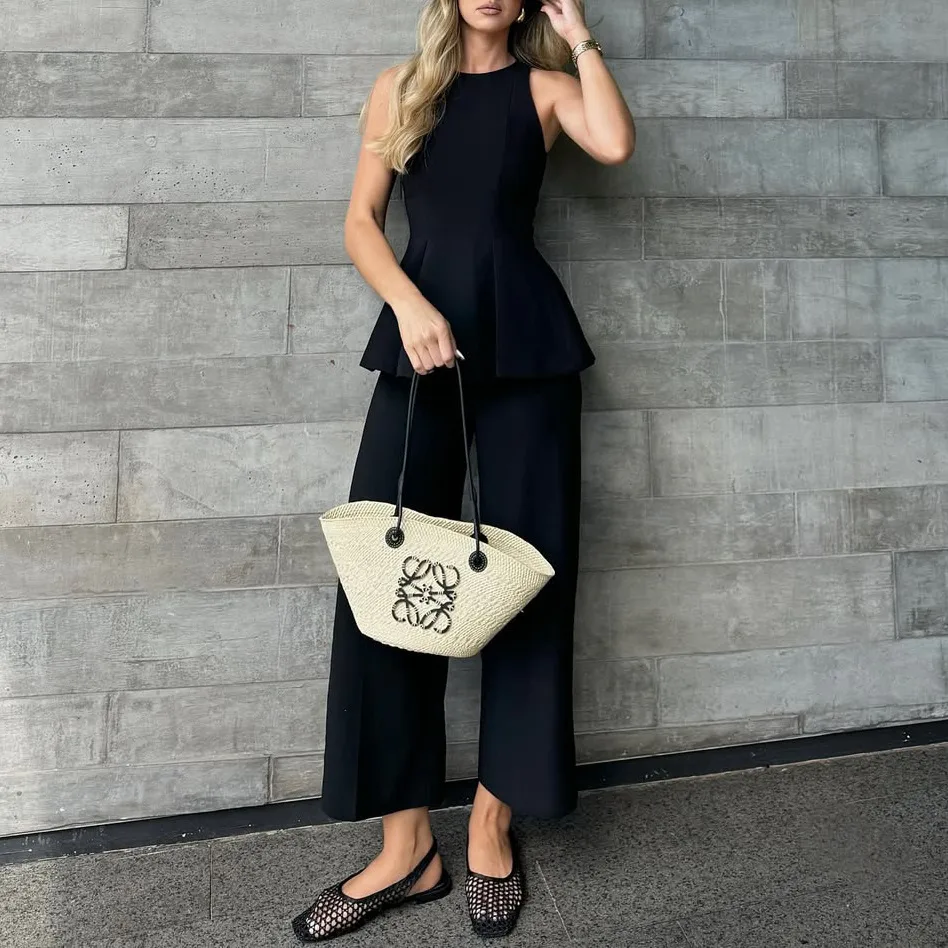 Pure Color Slim Fit Casual Set For Women Elegant Style Straight Leg Pants Waist-Cinching Top Summer New Arrival Fashion Set display picture 3