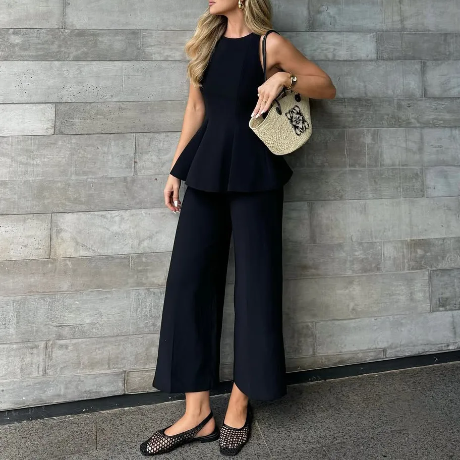 Pure Color Slim Fit Casual Set For Women Elegant Style Straight Leg Pants Waist-Cinching Top Summer New Arrival Fashion Set display picture 4