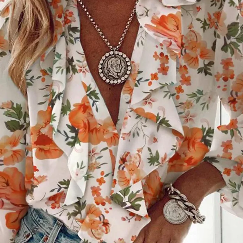 Loose V-neck Printed T-shirt Women's Fashion Summer Shirt Lace Trim Overhead Style Long Sleeve Geometric Patterned Commute Wear display picture 4