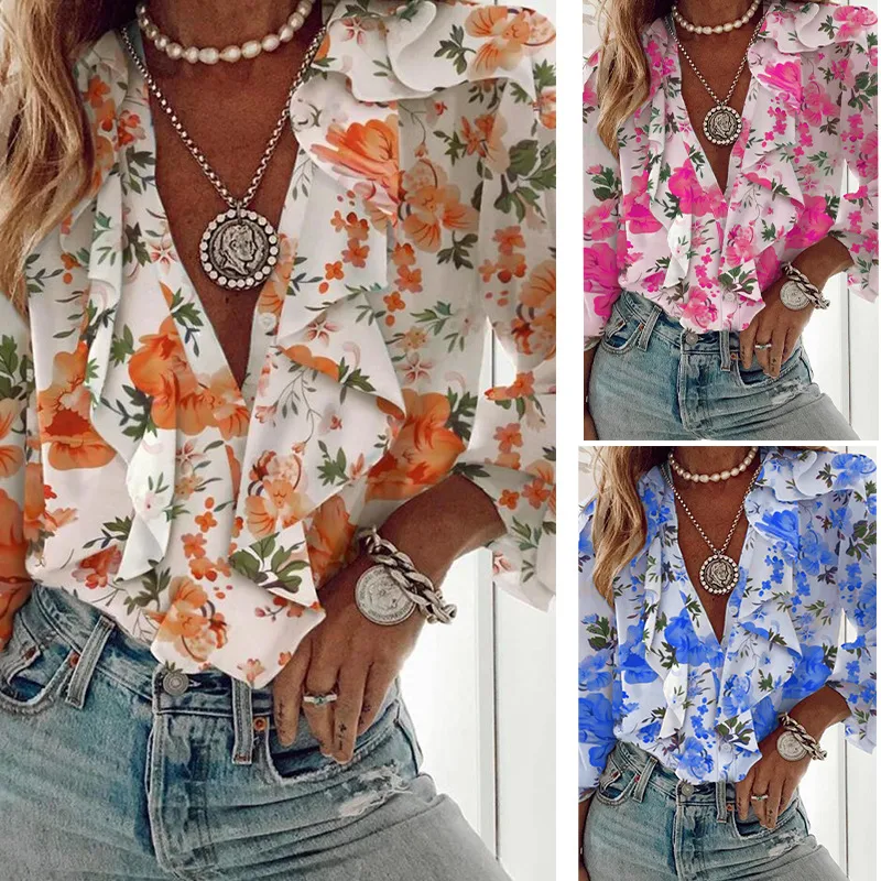 Loose V-neck Printed T-shirt Women's Fashion Summer Shirt Lace Trim Overhead Style Long Sleeve Geometric Patterned Commute Wear display picture 1
