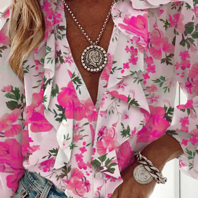 Loose V-neck Printed T-shirt Women's Fashion Summer Shirt Lace Trim Overhead Style Long Sleeve Geometric Patterned Commute Wear display picture 6