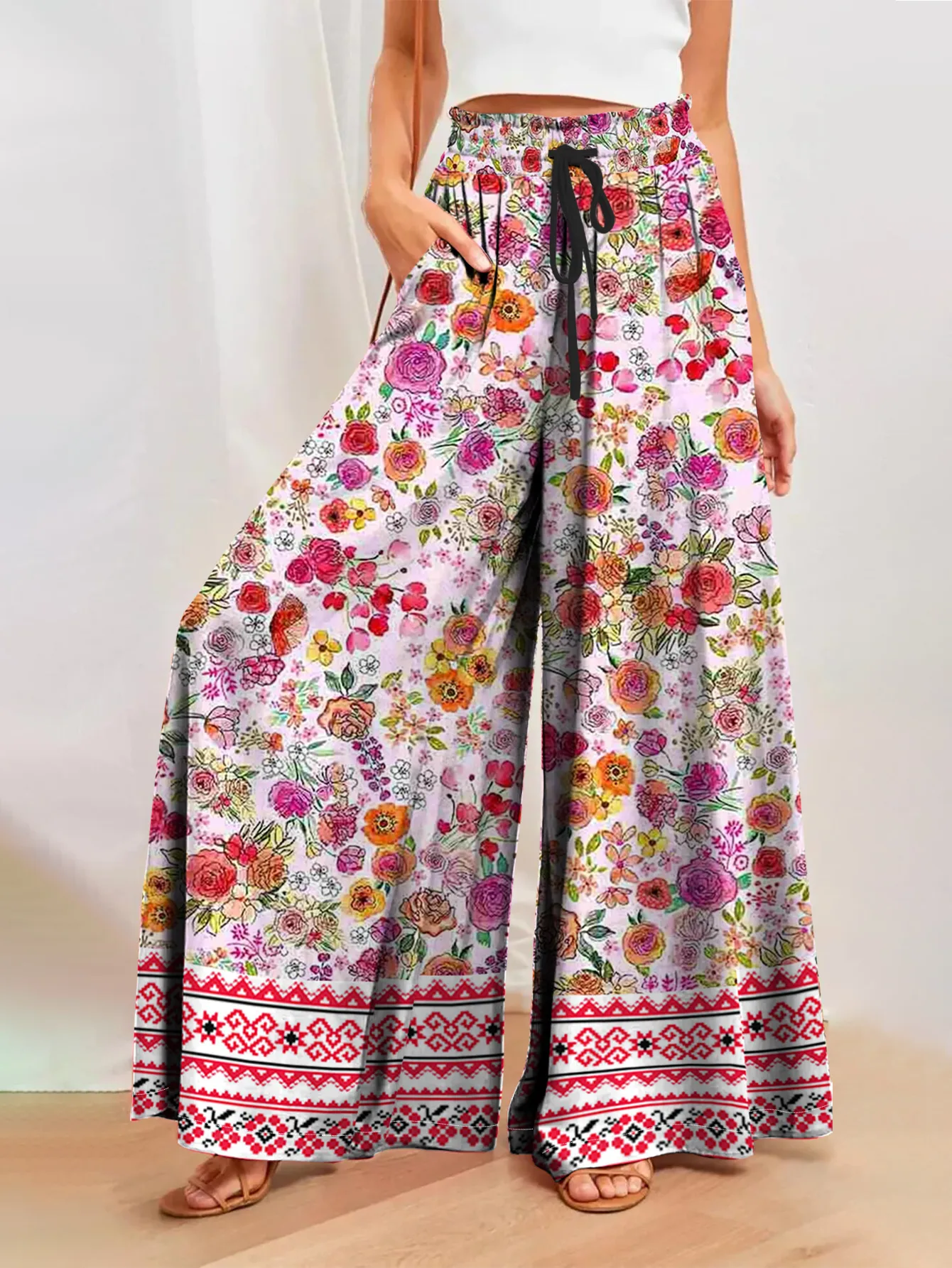 Fashionable Bohemian Print Casual Pants For Women Spring Summer New Arrival Vacation Style Elastic Micro Stretch Four Way Fabric display picture 1