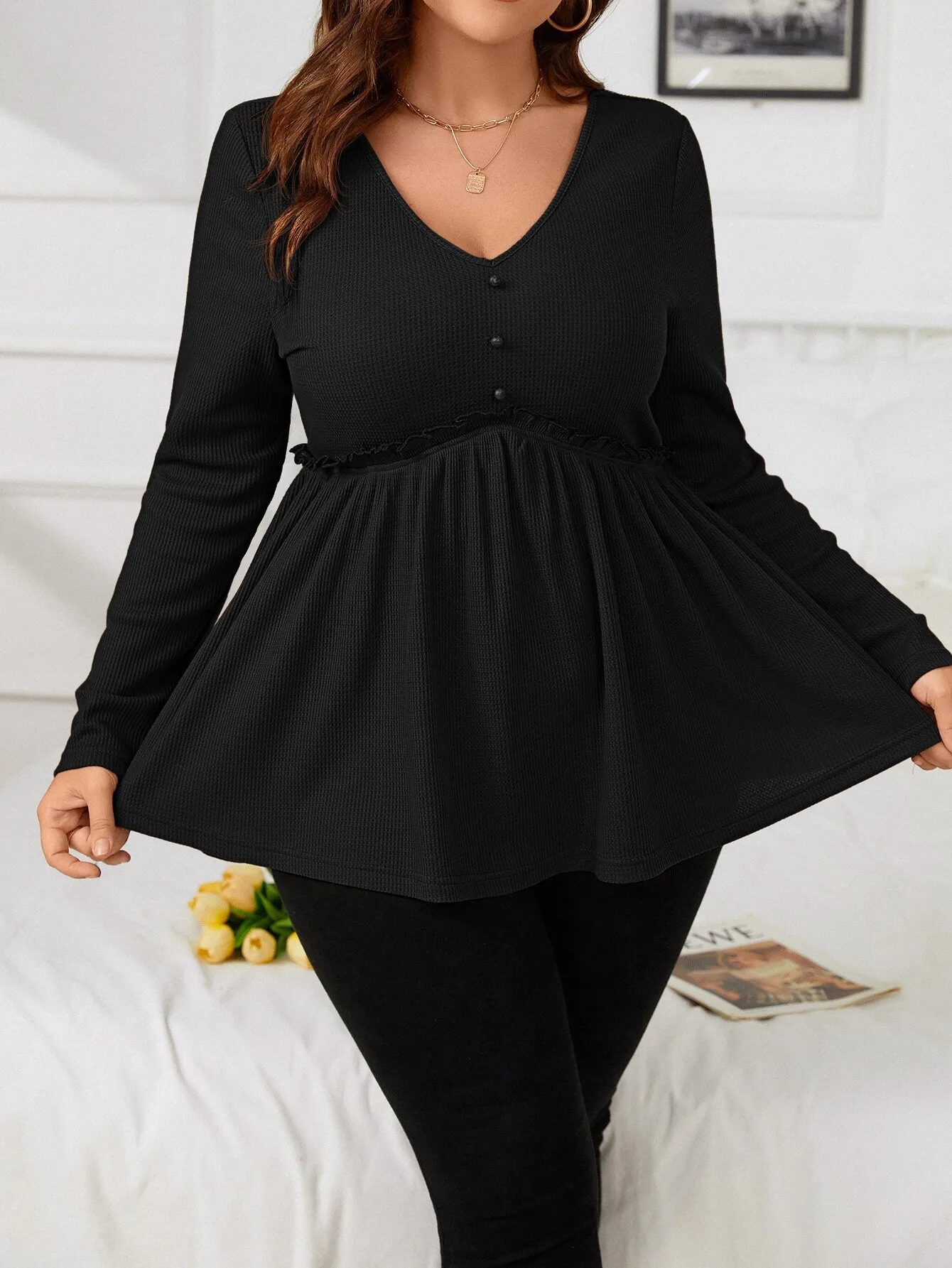 International Station Plus Size Women's V-neck Long-Sleeved T-shirt Autumn And Winter Elegant Fashionable All-Match Slim Top For Women display picture 3
