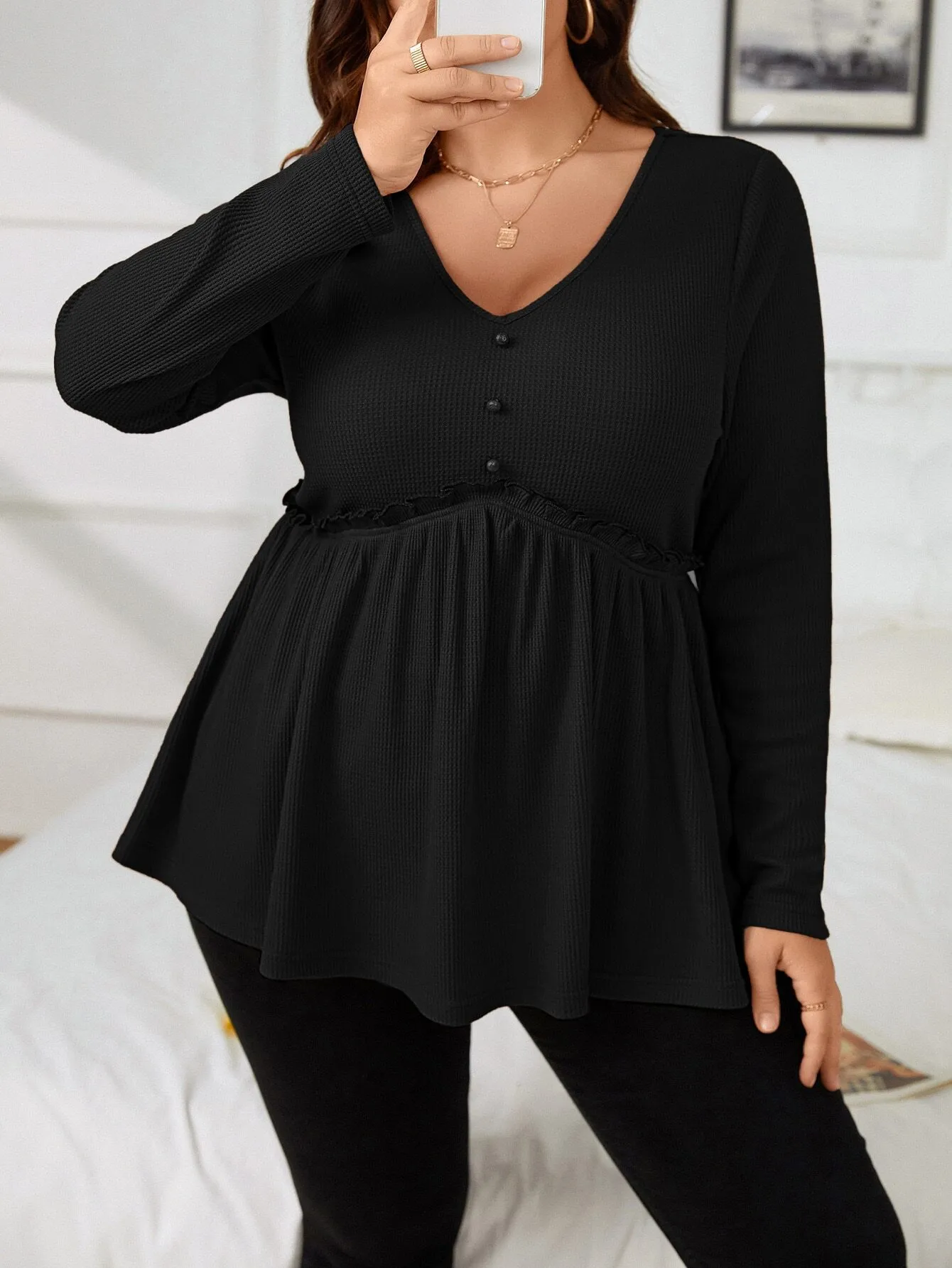 International Station Plus Size Women's V-neck Long-Sleeved T-shirt Autumn And Winter Elegant Fashionable All-Match Slim Top For Women display picture 5