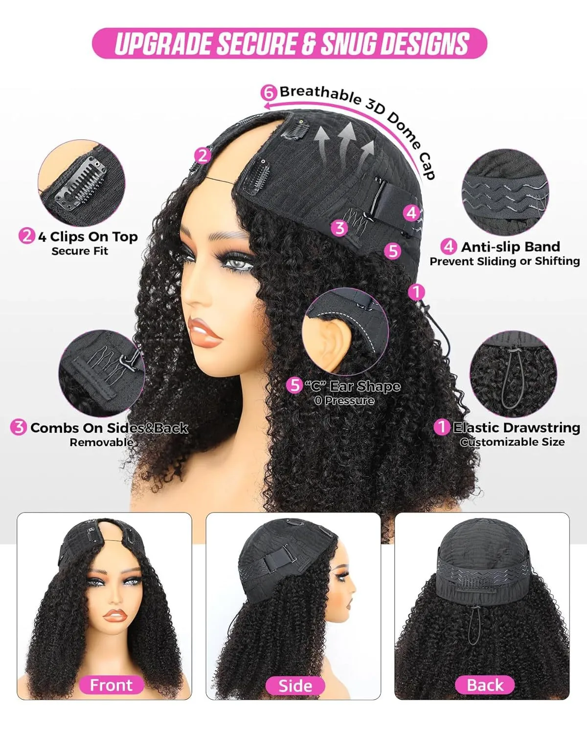 Wig Real Human Hair Natural Color V-Shaped Glueless Wig With Elastic Drawstring Small Curling Iron Set Human Wig display picture 3