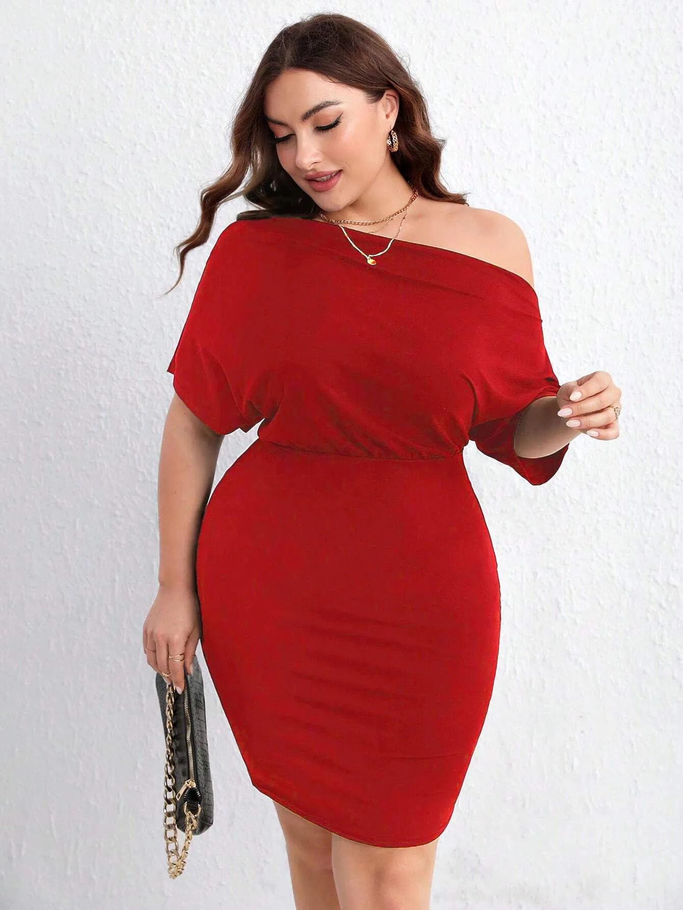 Plus Size Red For Women Dress Summer Cross-Shoulder Bag Hip Midi Skirt Mini Skirt display picture 5