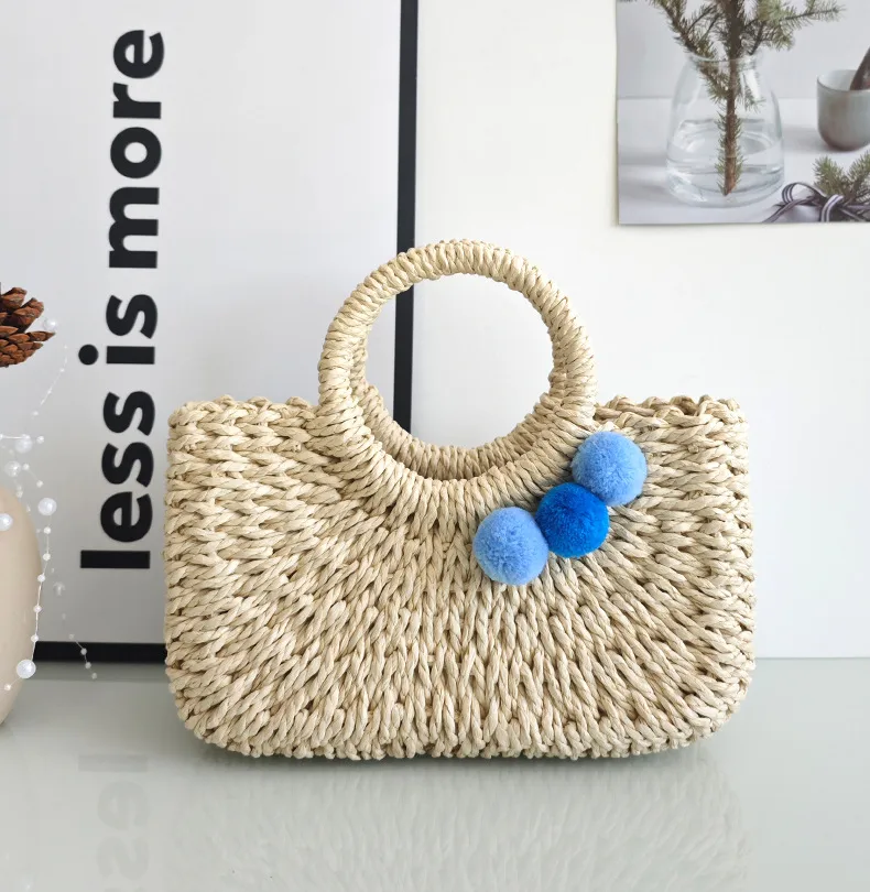 Summer Handmade Straw Bag Fresh Colorful Ball Paper String Woven Casual Beach Small Handbag In Stock Wholesale display picture 1