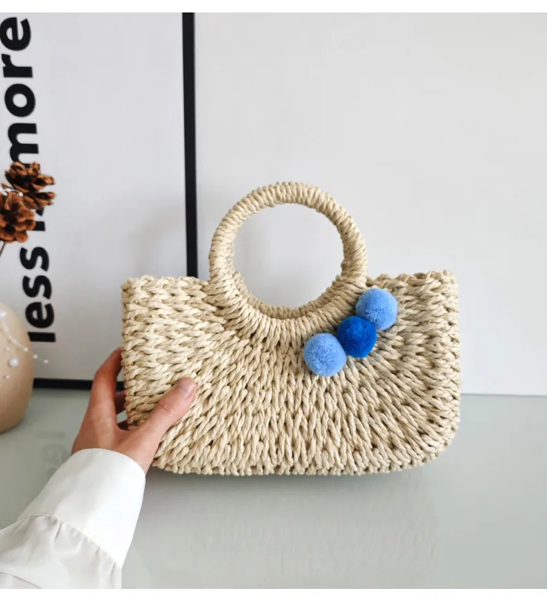 Summer Handmade Straw Bag Fresh Colorful Ball Paper String Woven Casual Beach Small Handbag In Stock Wholesale display picture 5