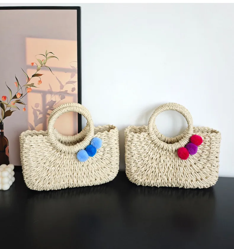 Summer Handmade Straw Bag Fresh Colorful Ball Paper String Woven Casual Beach Small Handbag In Stock Wholesale display picture 6