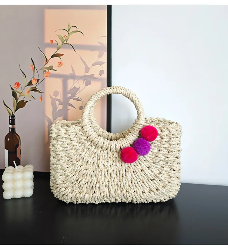 Summer Handmade Straw Bag Fresh Colorful Ball Paper String Woven Casual Beach Small Handbag In Stock Wholesale display picture 7