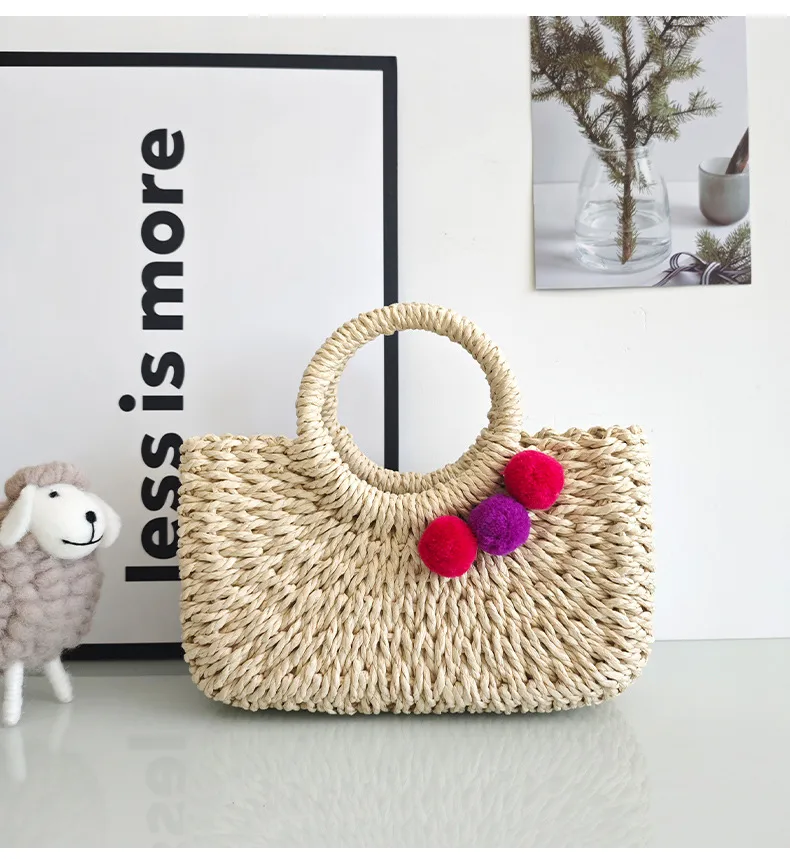 Summer Handmade Straw Bag Fresh Colorful Ball Paper String Woven Casual Beach Small Handbag In Stock Wholesale display picture 8