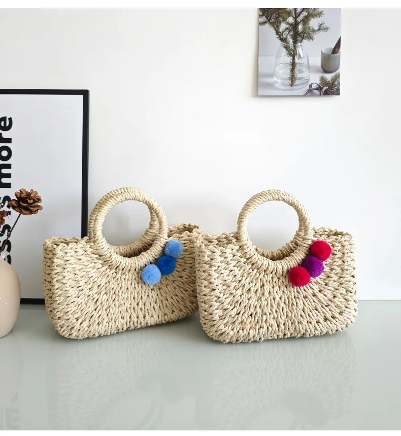Summer Handmade Straw Bag Fresh Colorful Ball Paper String Woven Casual Beach Small Handbag In Stock Wholesale display picture 10