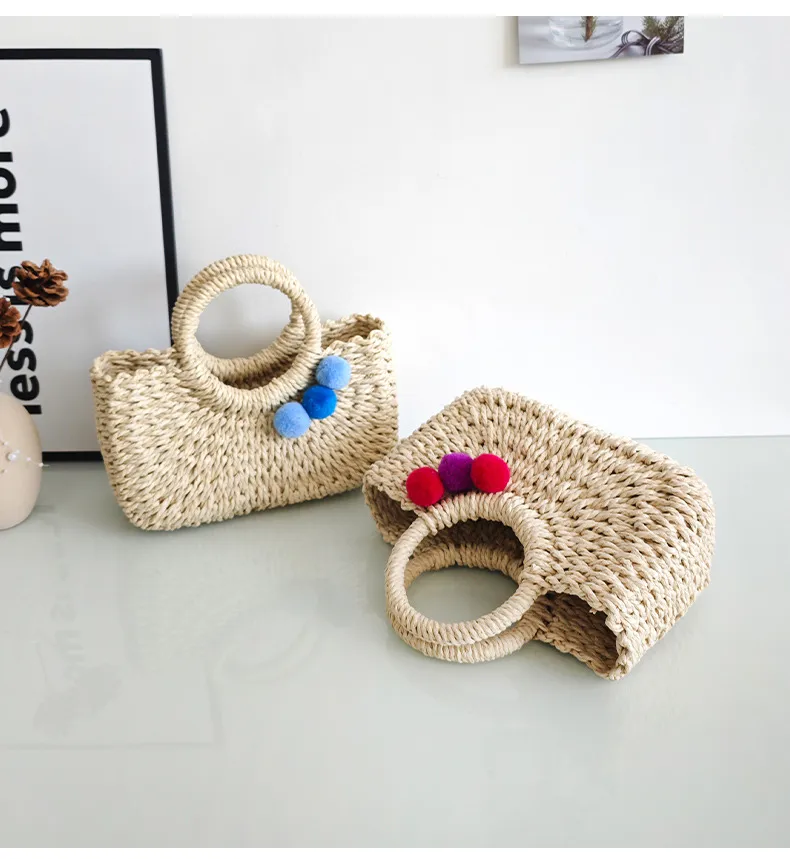 Summer Handmade Straw Bag Fresh Colorful Ball Paper String Woven Casual Beach Small Handbag In Stock Wholesale display picture 11