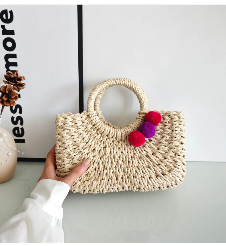 Summer Handmade Straw Bag Fresh Colorful Ball Paper String Woven Casual Beach Small Handbag In Stock Wholesale display picture 13