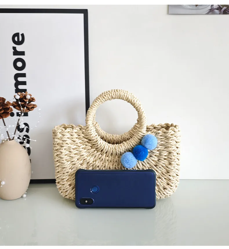 Summer Handmade Straw Bag Fresh Colorful Ball Paper String Woven Casual Beach Small Handbag In Stock Wholesale display picture 14