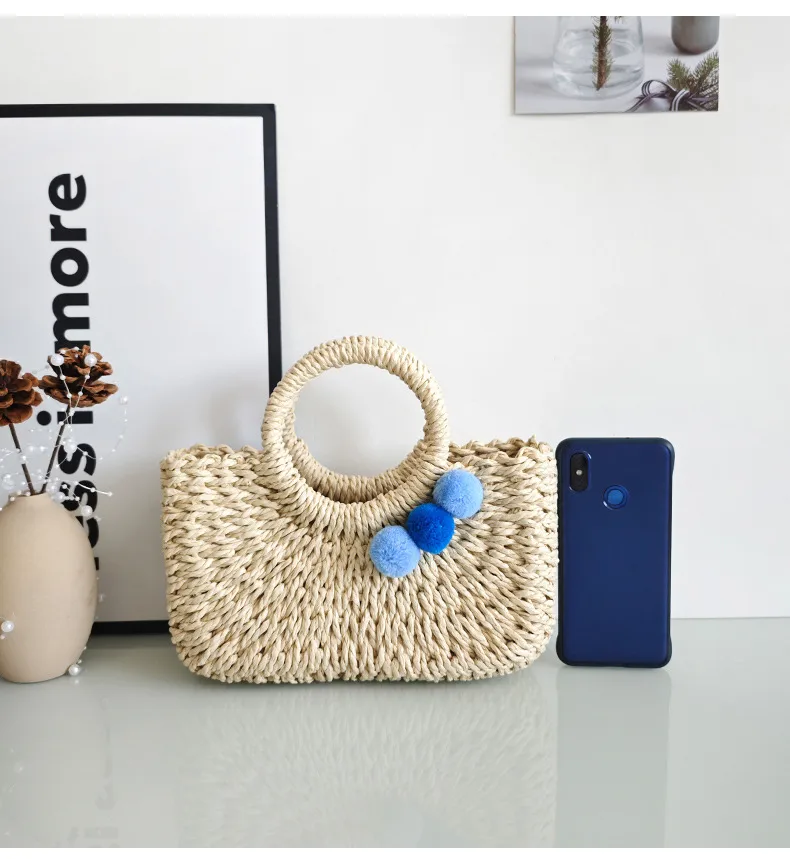Summer Handmade Straw Bag Fresh Colorful Ball Paper String Woven Casual Beach Small Handbag In Stock Wholesale display picture 15
