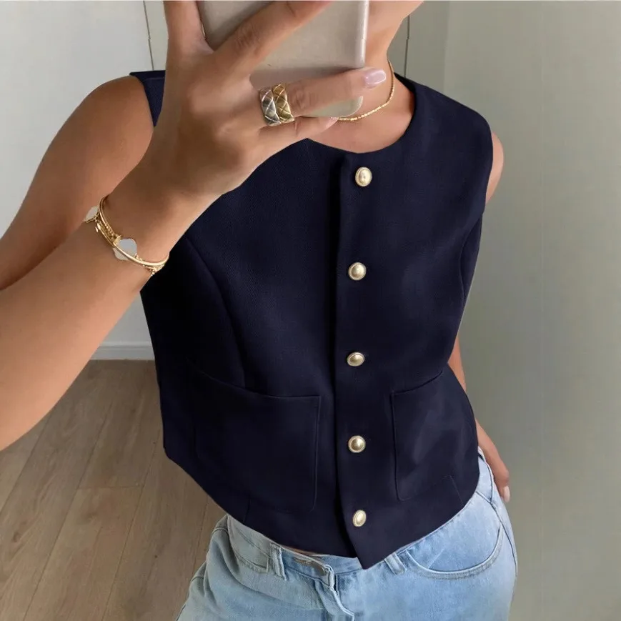 Sleeveless Short Vest Top Button Design Summer Fashion Casual Round Neck Polyester Fabric Coat With Pockets display picture 2