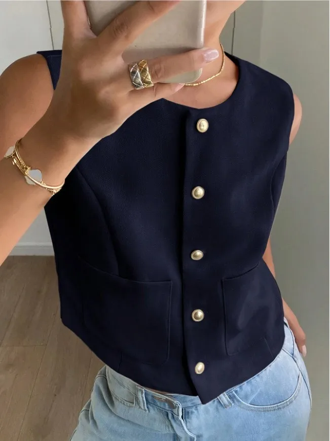 Sleeveless Short Vest Top Button Design Summer Fashion Casual Round Neck Polyester Fabric Coat With Pockets display picture 1