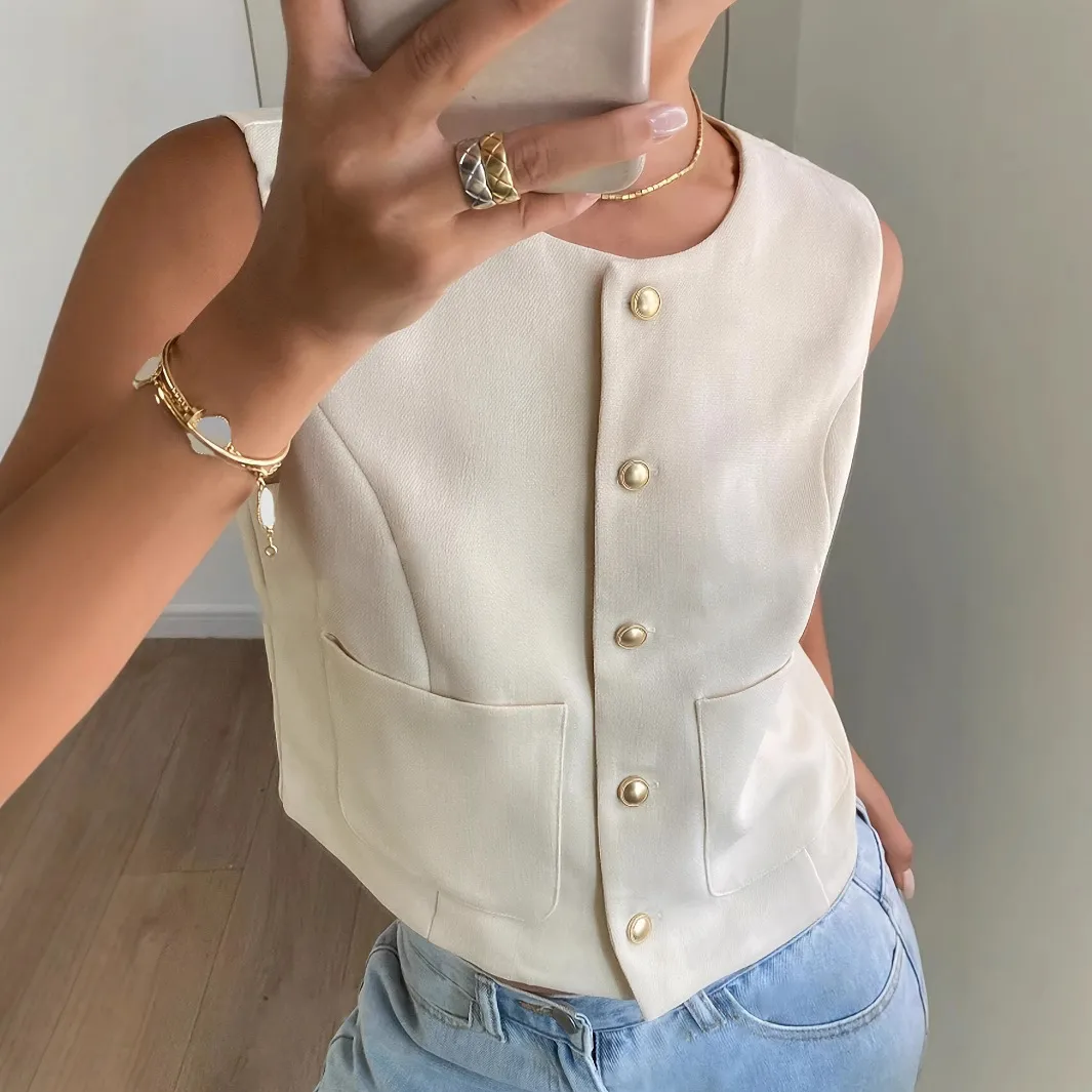 Sleeveless Short Vest Top Button Design Summer Fashion Casual Round Neck Polyester Fabric Coat With Pockets display picture 4